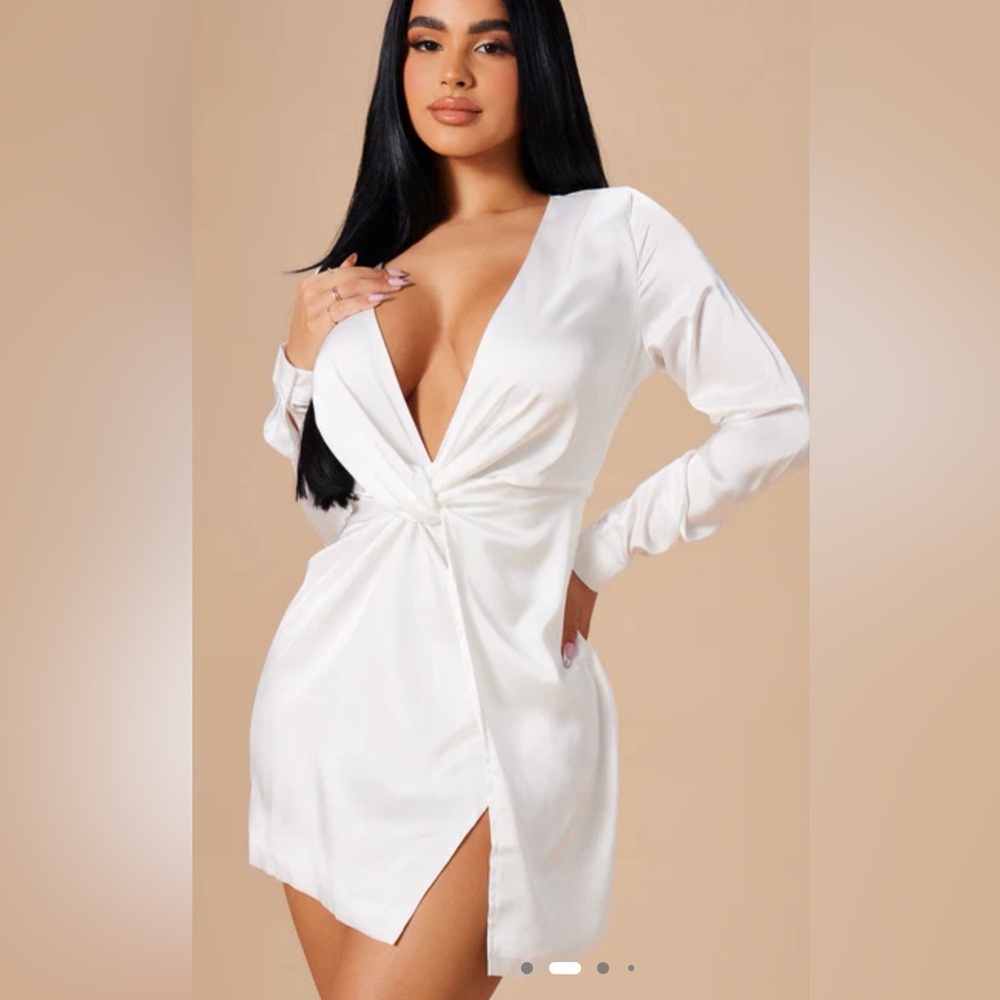 Fashion Nova White Satin Twist Front Long Sleeve Mini Dress